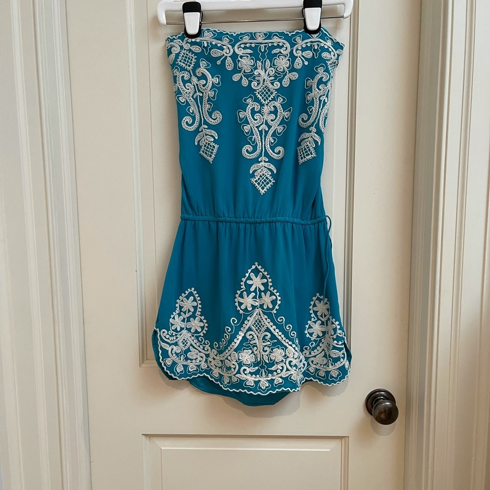 VINTAGE Tabla brand Aqua Blue silk with white embroidery summer strapless dress